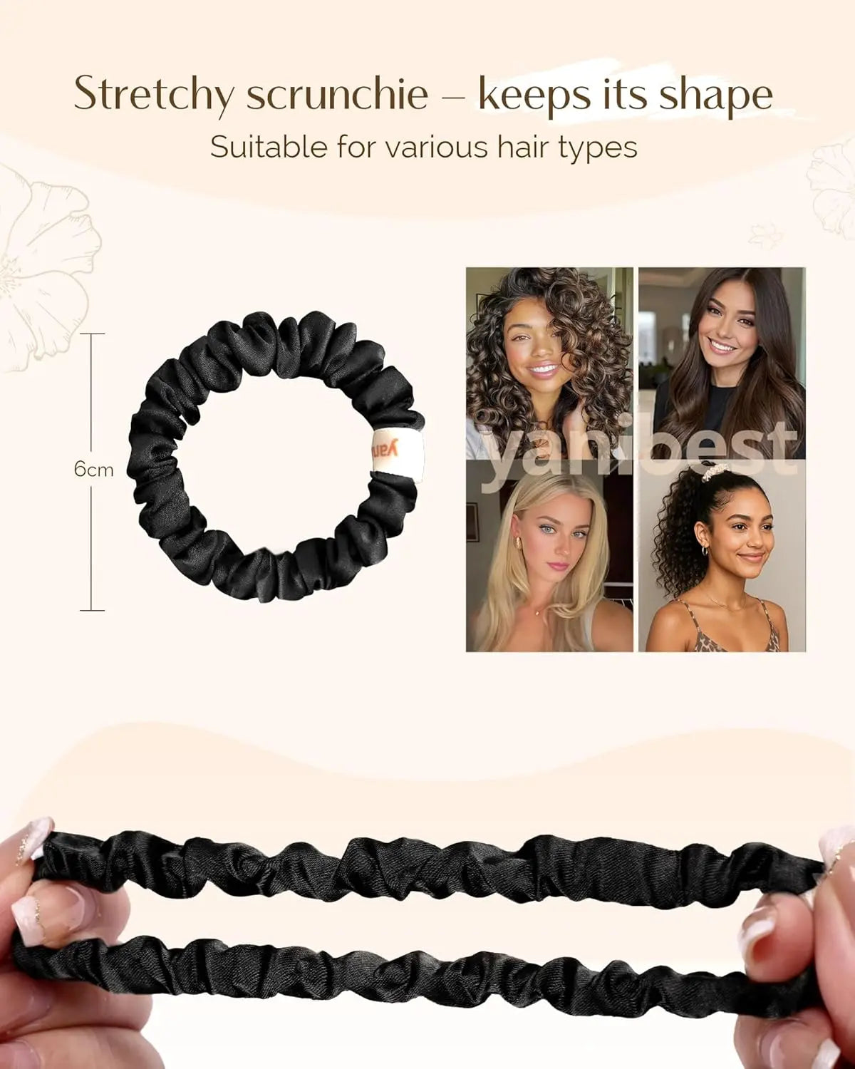 Skinny Butter Satin Hair Scrunchies 6 in 1 - Black Trio YANIBEST