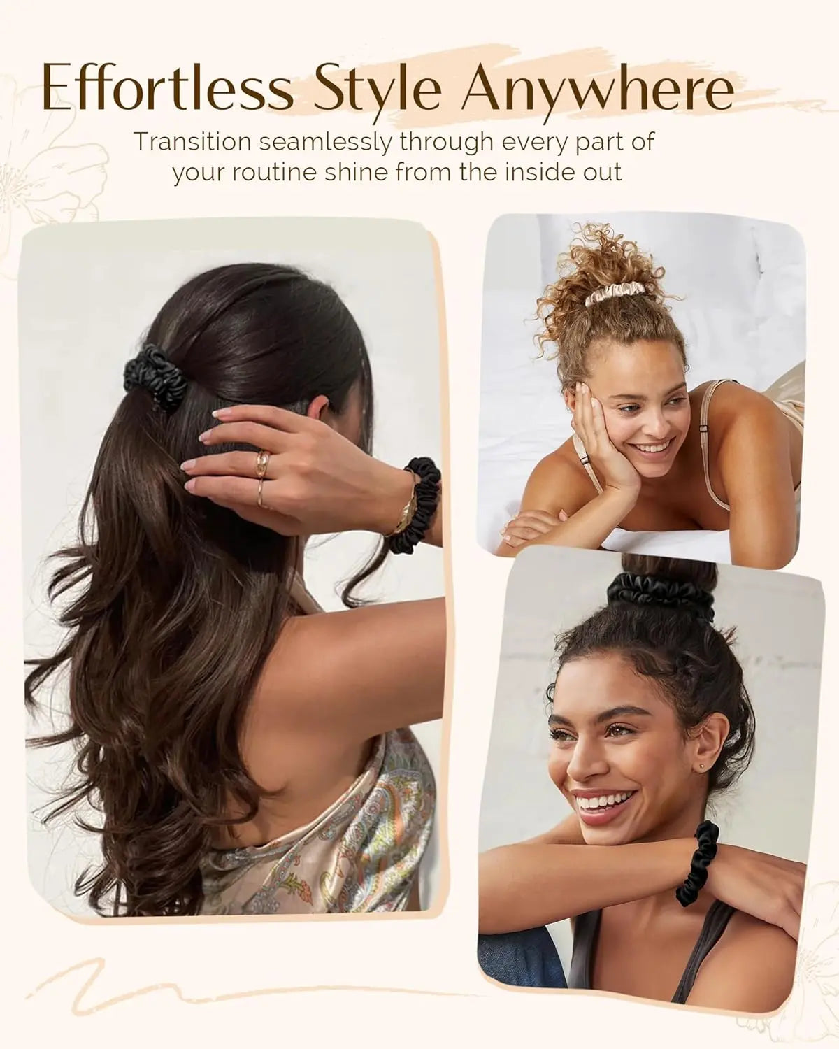 Skinny Butter Satin Hair Scrunchies 6 in 1 - Black Trio YANIBEST