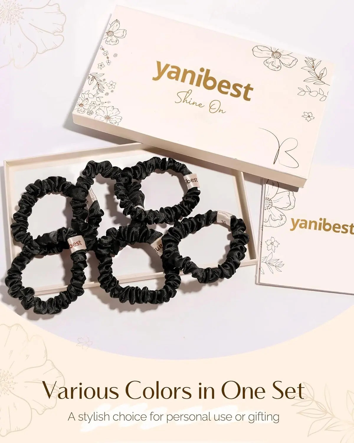 Skinny Butter Satin Hair Scrunchies 6 in 1 - Black Trio YANIBEST