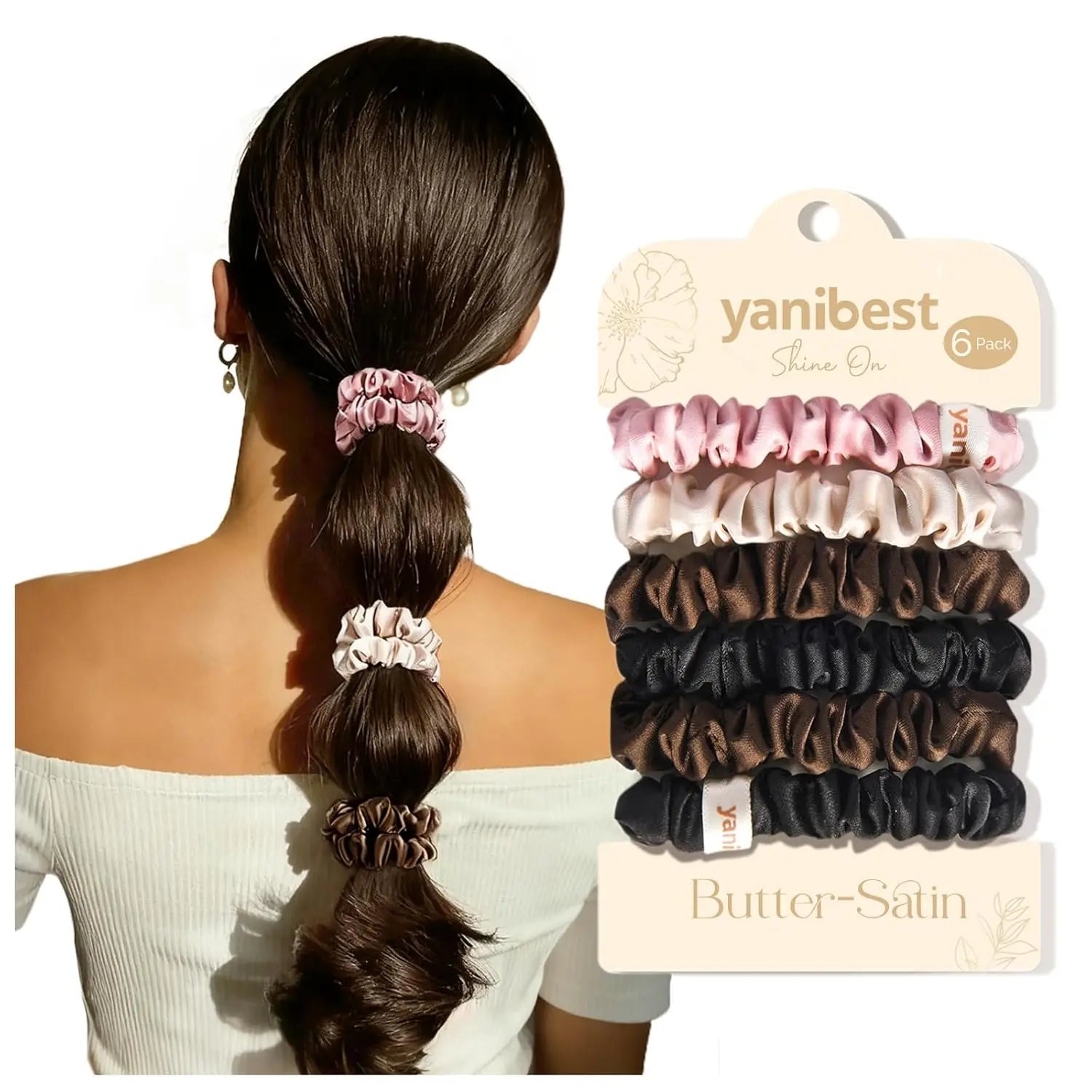 Skinny Butter Satin Hair Scrunchies 6 in 1 - Blush & Bronze YANIBEST
