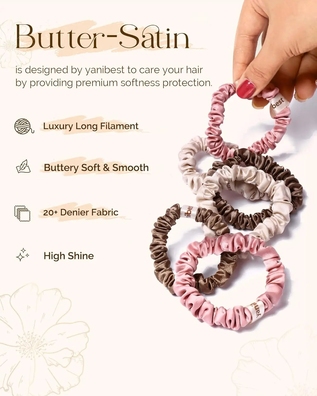 Skinny Butter Satin Hair Scrunchies 6 in 1 - Rosy Cocoa Pair YANIBEST