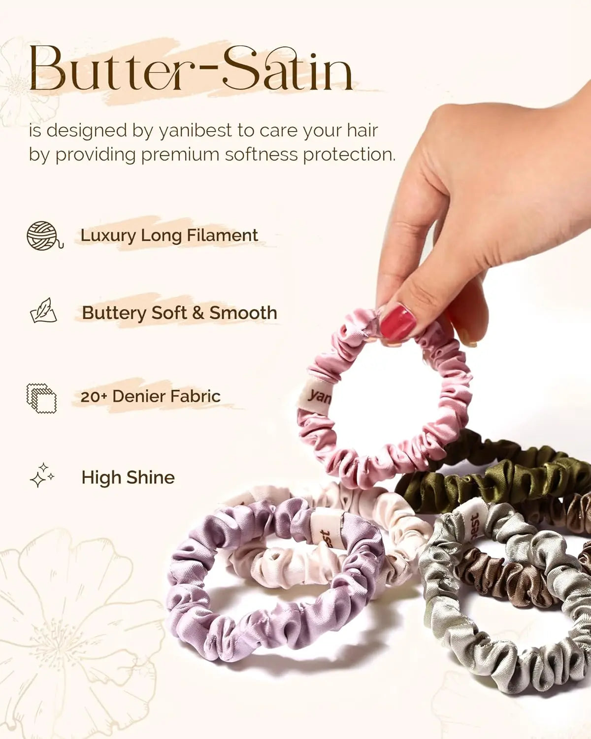 Skinny Butter Satin Hair Scrunchies 6 in 1 - Rosy Woodland Trio YANIBEST