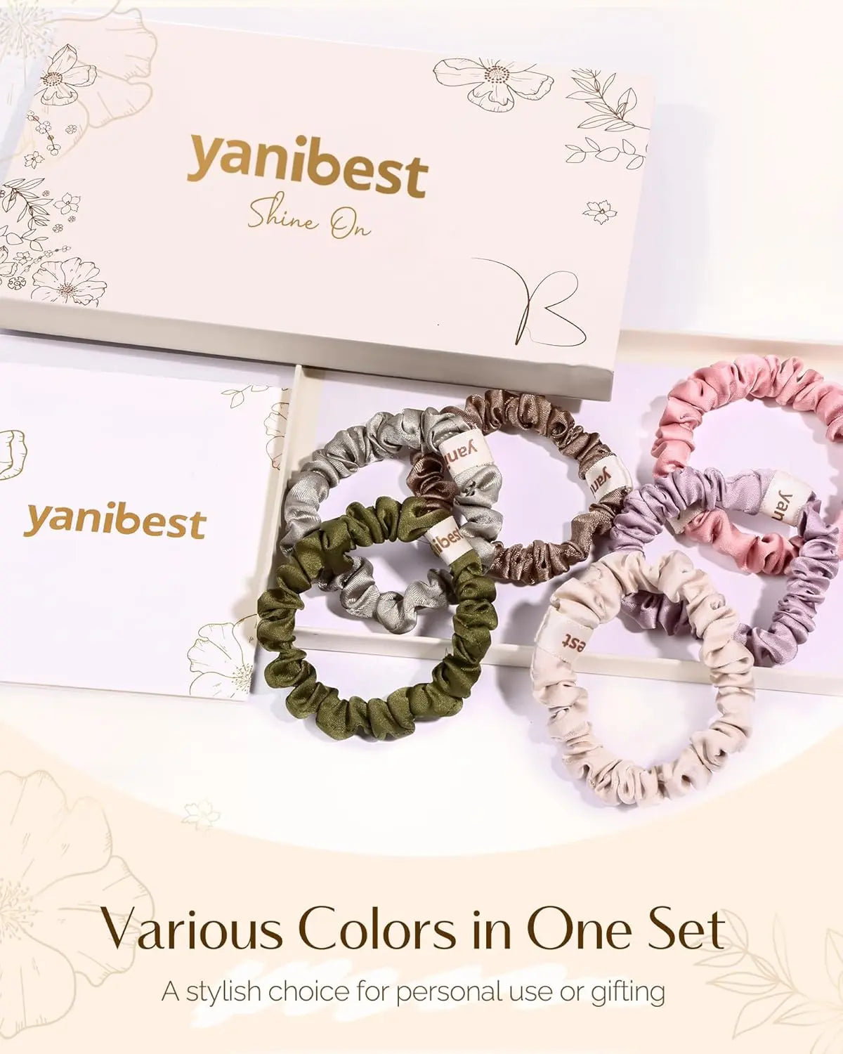 Skinny Butter Satin Hair Scrunchies 6 in 1 - Rosy Woodland Trio YANIBEST