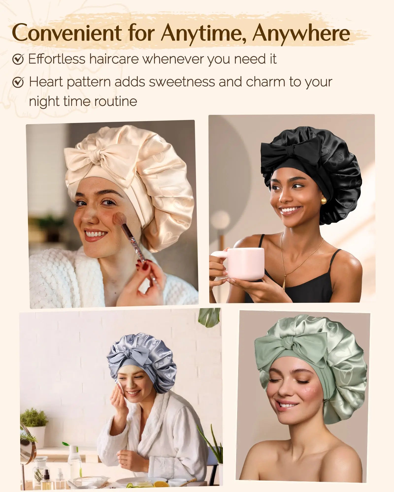 Tie Band Double Layer Butter Satin Bonnet | Jaquard Heart YANIBEST