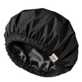 Black waterproof satin-lined shower cap for hair protection