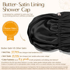 Close-up of soft yellow Butter-Satin inner lining on black waterproof shower cap