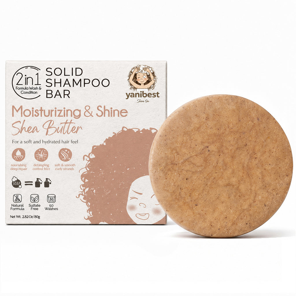 YANIBEST Shea Butter 2 in 1 Solid Shampoo and Conditioner Bar packaging and product for dry curly hair