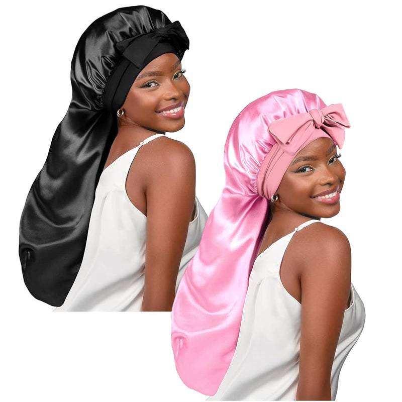 Silk Butter Satin Bonnet For Braids with Tie Band - Black & Pink