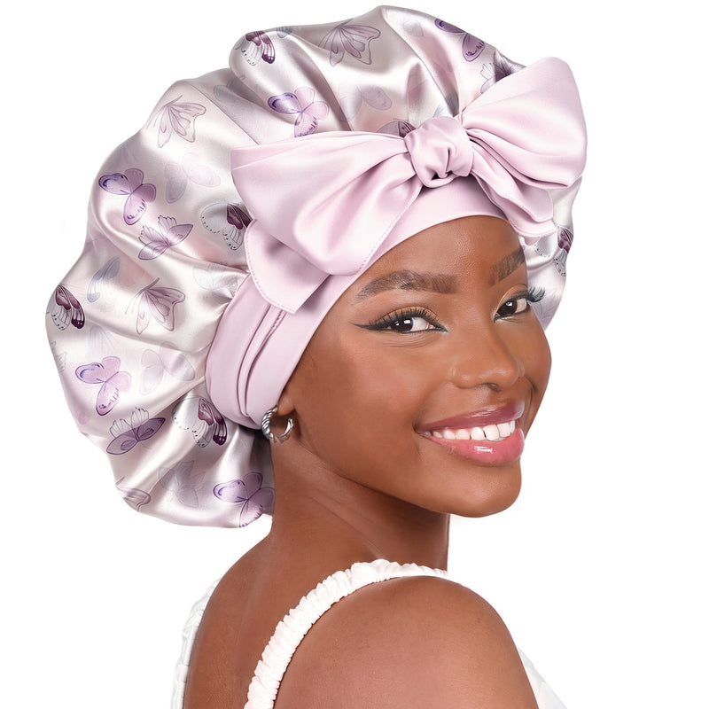 Silk Butter Satin Bonnet with Tie Band - Mist Purple Butterfly