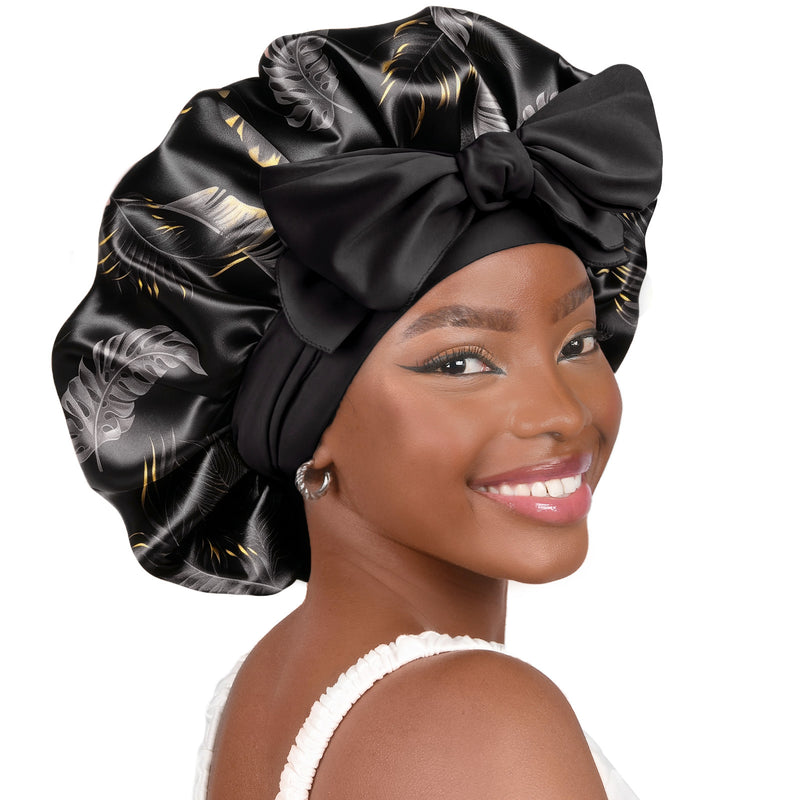 Silk Butter Satin Bonnet with Tie Band - Black Gold Palm