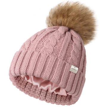Butter Satin Lined Pom Winter Beanie - Oatmeal Pink