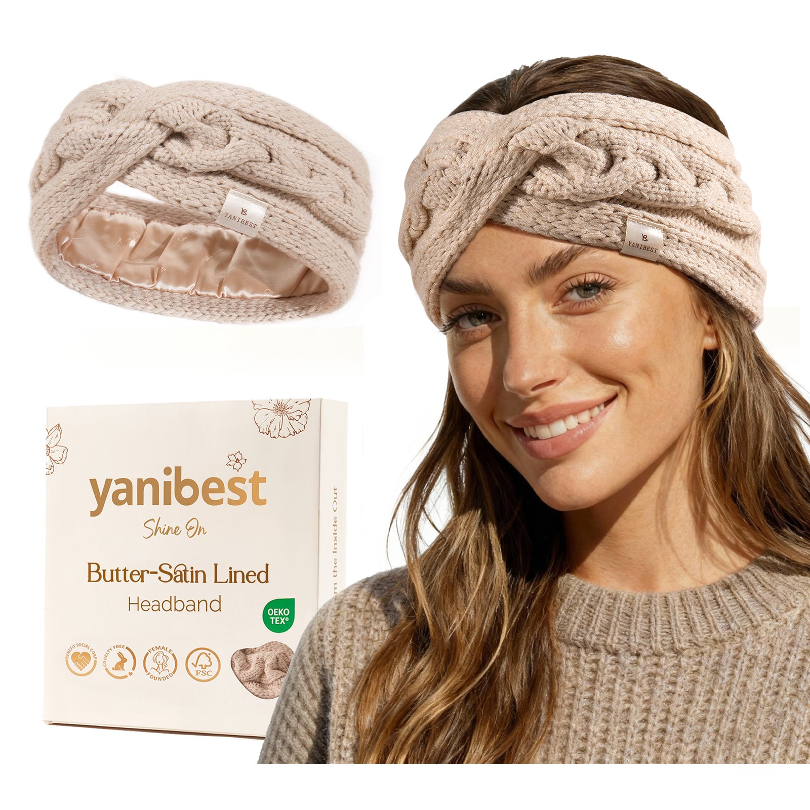 Satin Lined Headbands for Winter - Khaki