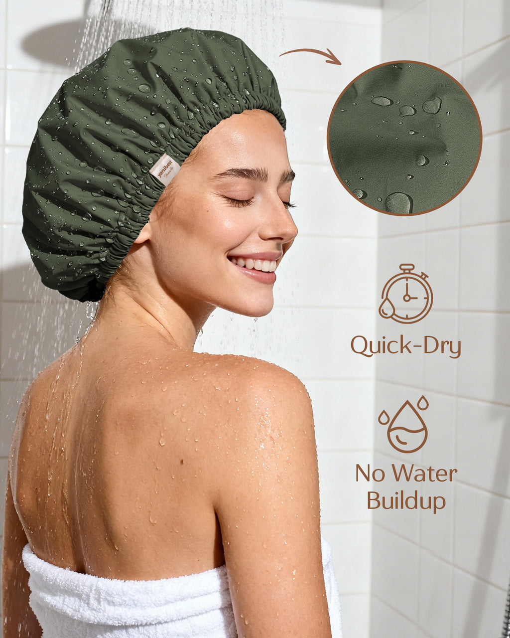 Butter Satin Lined Waterproof Shower Cap - Dark Green