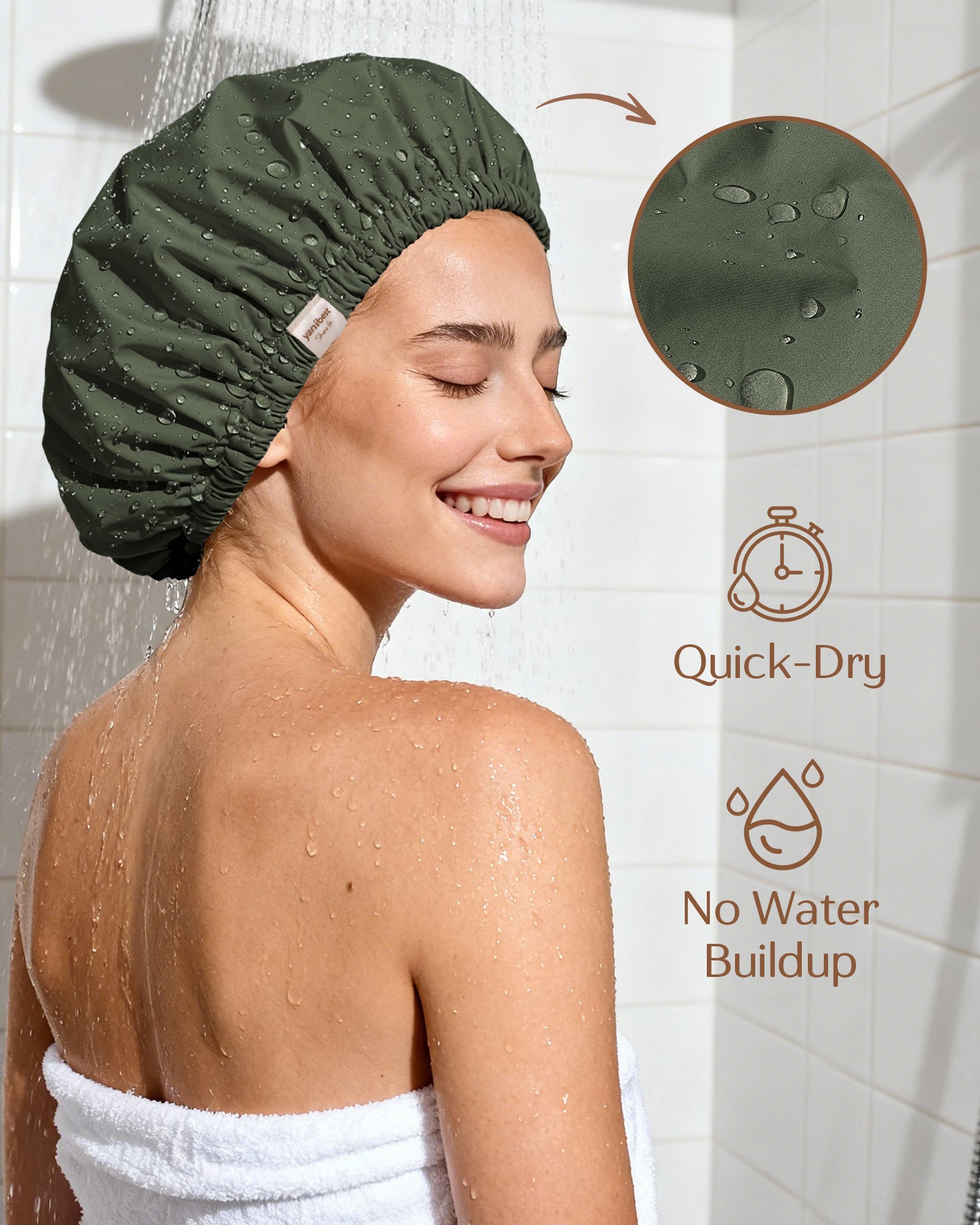 Butter Satin Lined Waterproof Shower Cap - Dark Green
