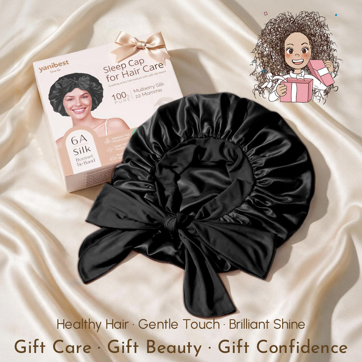 Detailed flat lay view of the black double-layer mulberry silk sleep bonnet with wide tie band