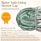 Diagram showing 100% waterproof outer layer and silky soft Butter-Satin lining inside the fresh green shower cap