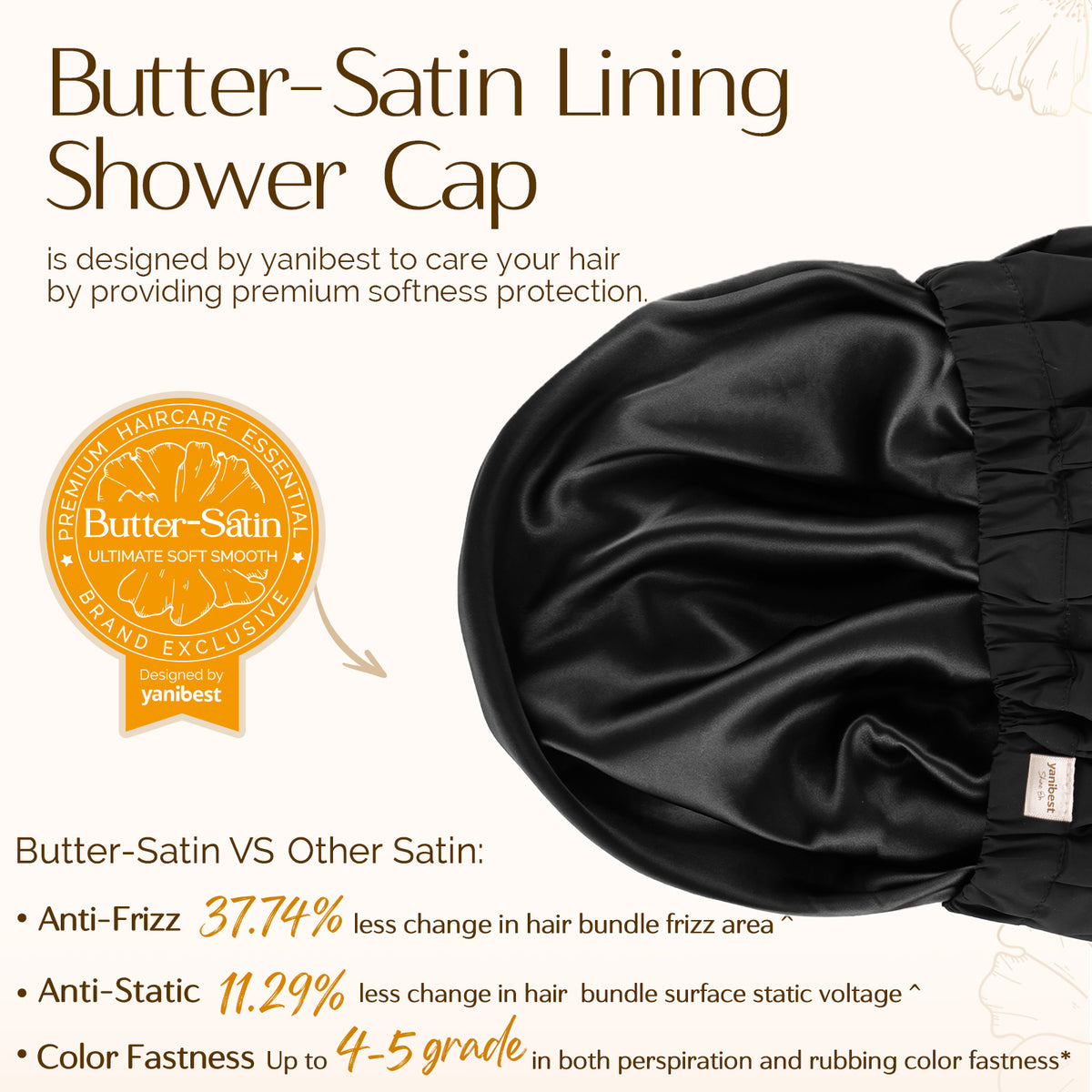 Soft Butter-Satin liner inside XL shower cap designed to prevent frizz and friction on protective styles
