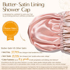 Close-up of the YANIBEST Butter-Satin® lining and eco-friendly packaging for the waterproof pink leaves shower cap.