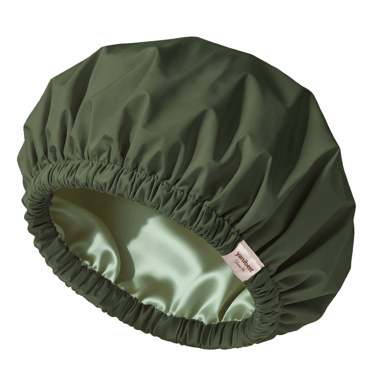 YANIBEST dark green waterproof shower cap with butter-satin lining, fully opened view
