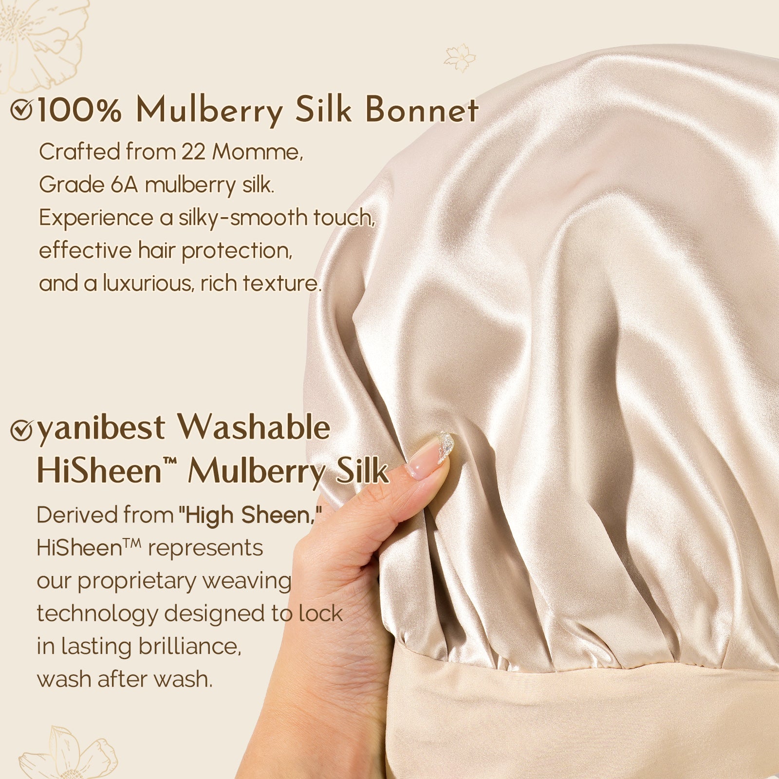 22 MOMME 6A Mulberry Silk Bonnet with Tie Band - Champagne