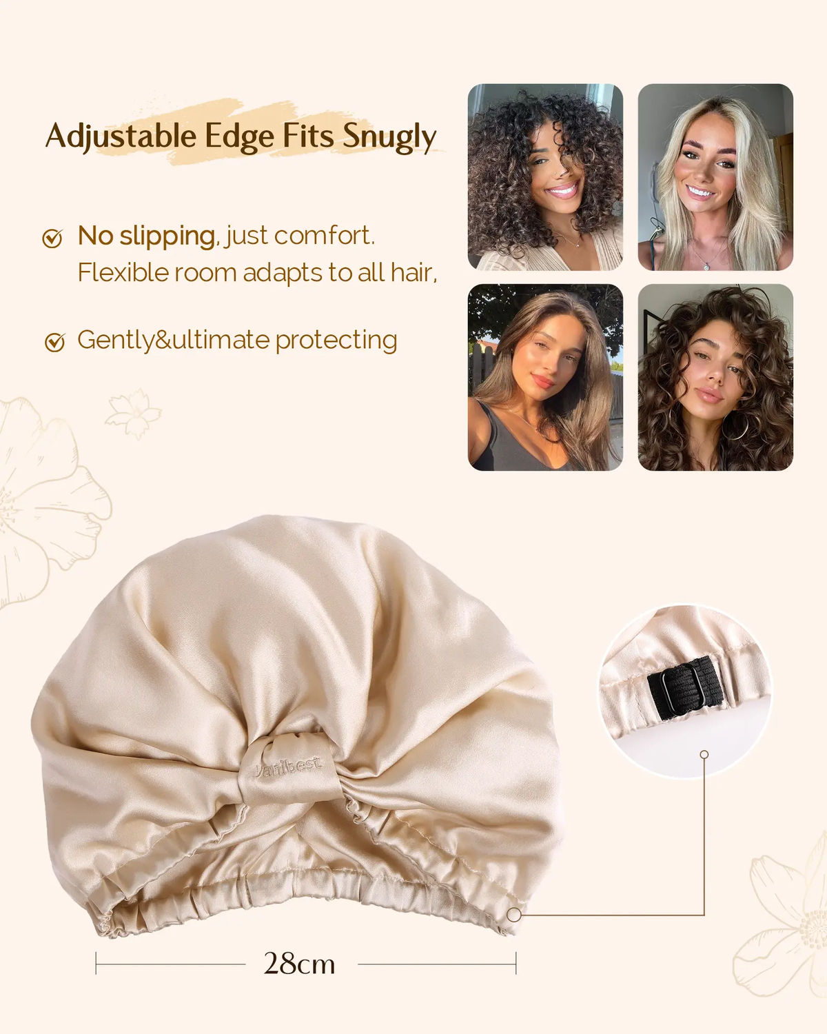 ack view of the champagne silk bonnet highlighting the adjustable clasp elastic band for a secure fit