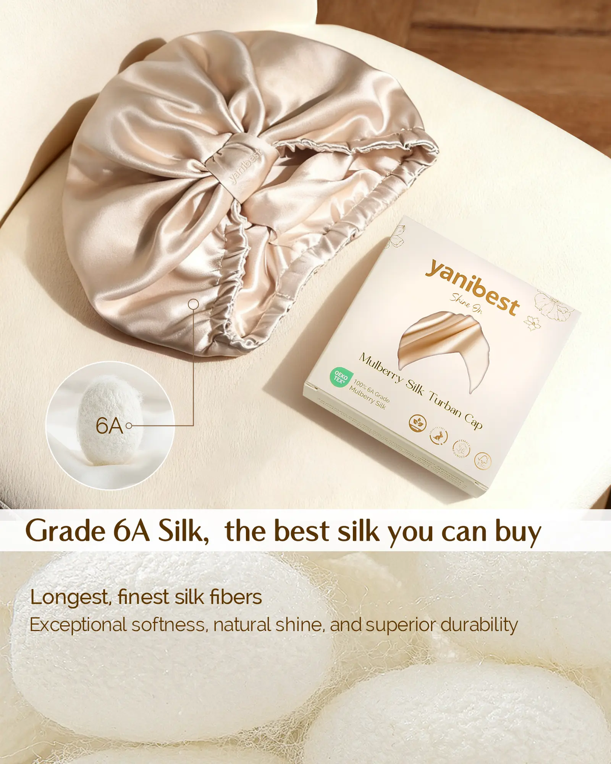 Detailed flat lay view of the champagne 22 Momme Grade 6A mulberry silk turban bonnet