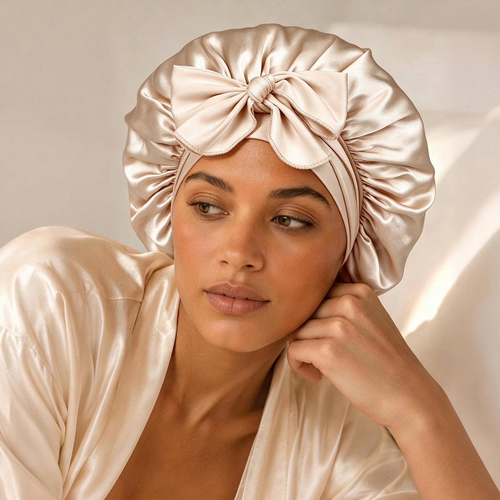 22 MOMME 6A Mulberry Silk Bonnet with Tie Band - Champagne