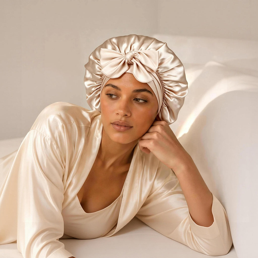 22 MOMME 6A Mulberry Silk Bonnet with Tie Band - Champagne