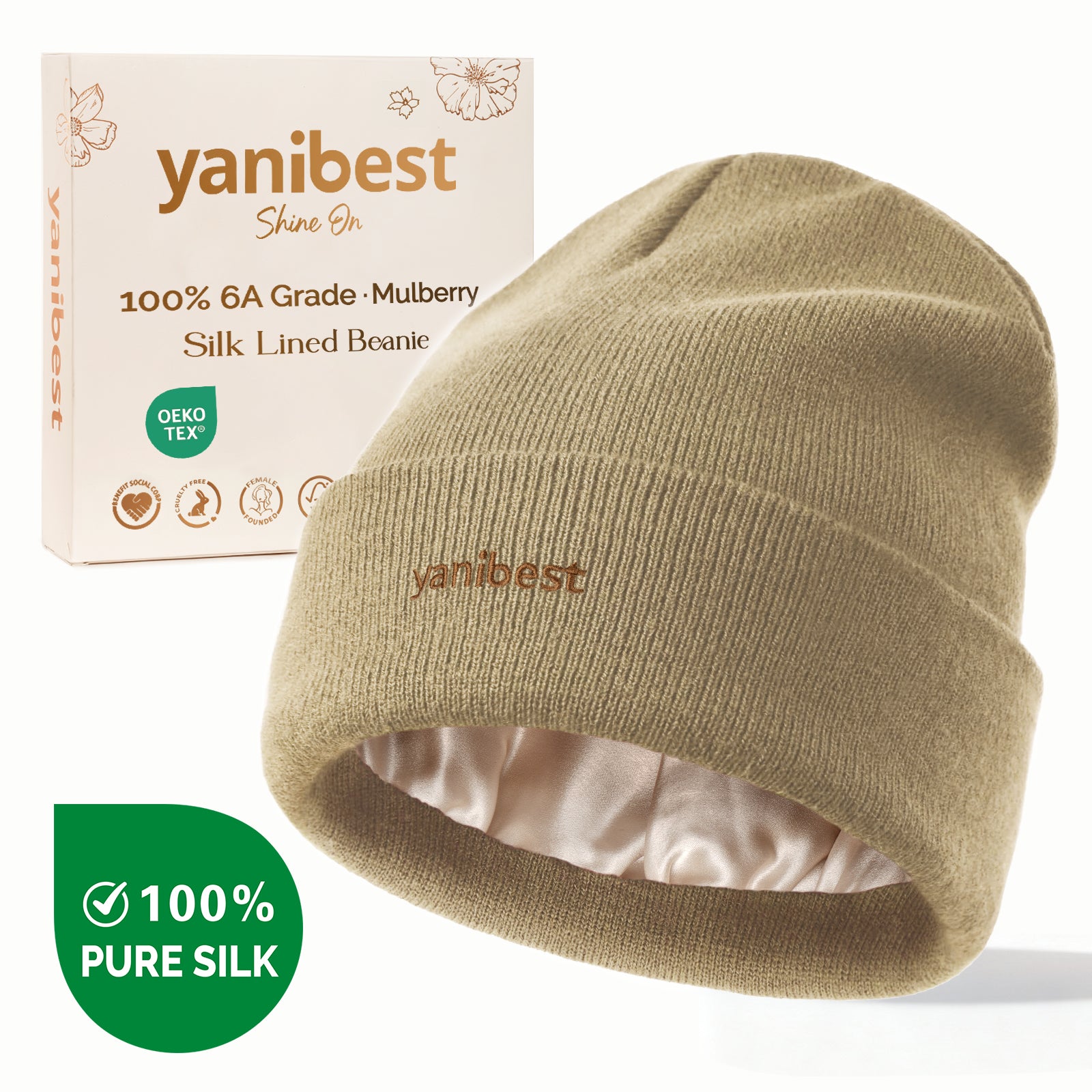 Mulberry Silk Lined Beanie - Khaki Gray