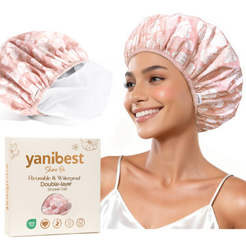 Double Layer Waterproof Shower Cap - Pink Leaves