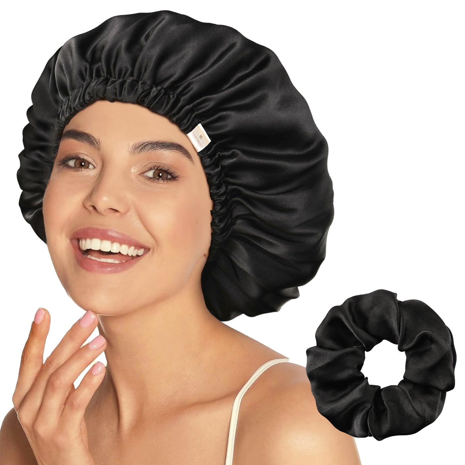6A Mulberry Silk Bonnet Adjustable Elastic - Black
