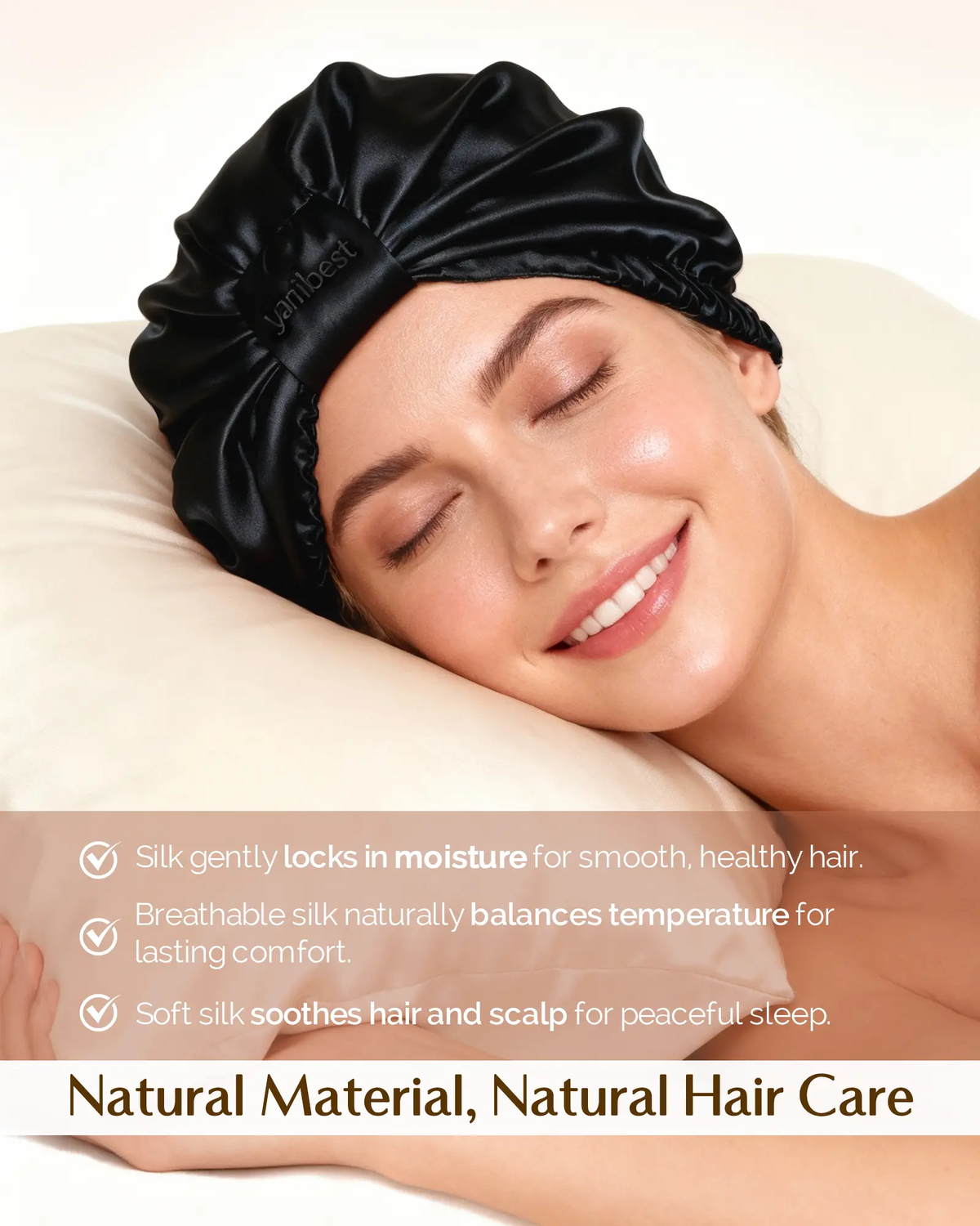 Side view of a woman wearing the black double-layer mulberry silk sleep turban bonnet
