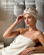 Woman wearing champagne silk turban bonnet during her daily morning skincare and relaxation routine