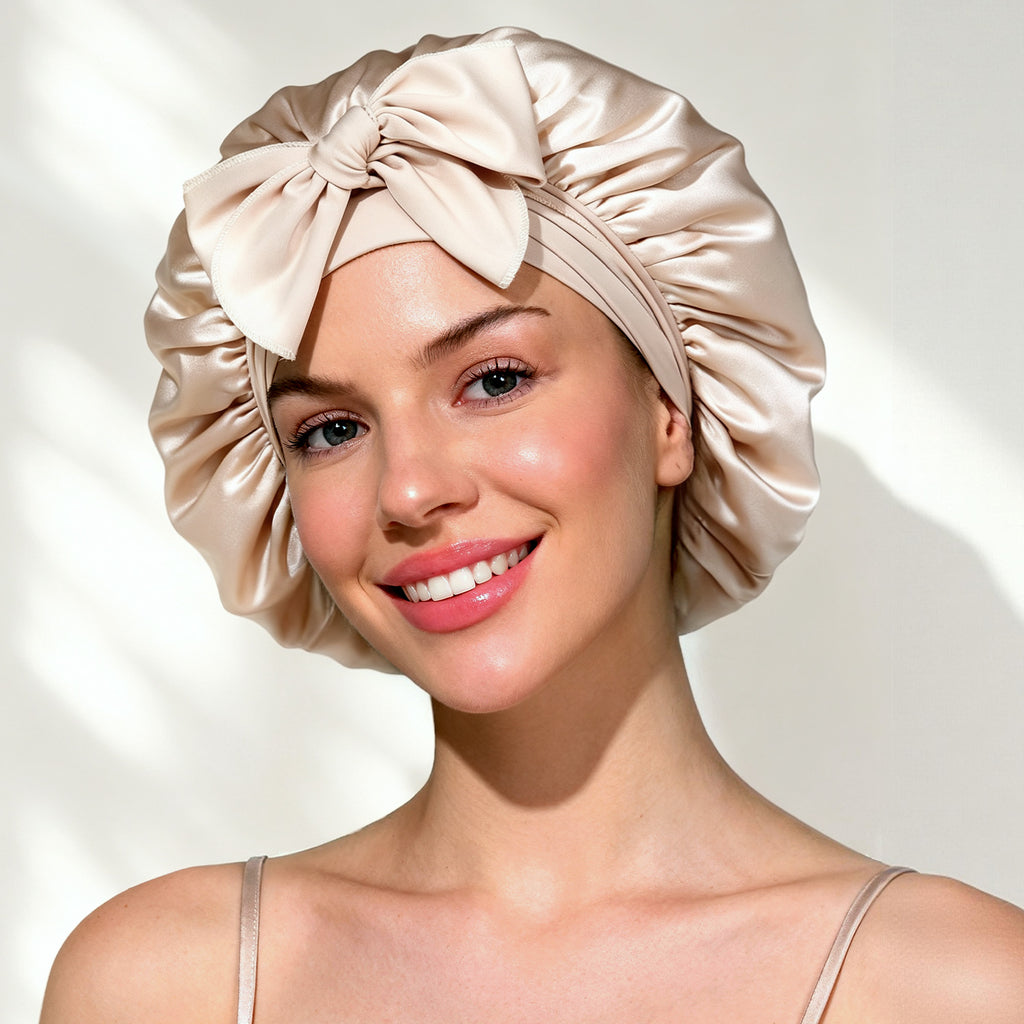 Smiling woman with blonde hair wearing the YANIBEST champagne 22 Momme mulberry silk bonnet with tie band