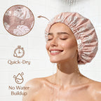 Model wearing the YANIBEST Pink Leaves satin-lined shower cap, protecting hair and preserving hairstyle during bath time.