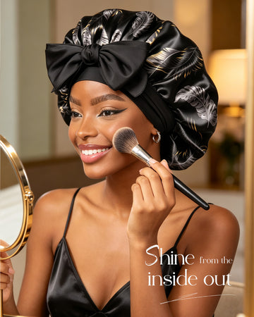 Silk Butter Satin Bonnet with Tie Band - Black Gold Palm