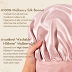 Infographic detailing OEKO-TEX certification, 6A mulberry silk lining, and wide tie band fit