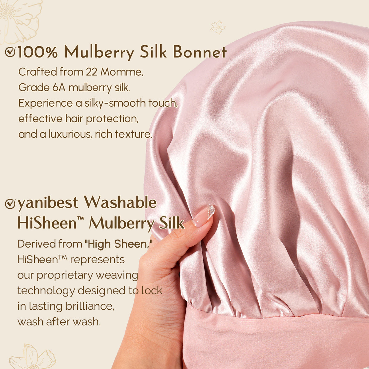 Infographic detailing OEKO-TEX certification, 6A mulberry silk lining, and wide tie band fit