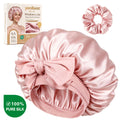 YANIBEST pink 22 Momme Grade 6A mulberry silk bonnet with tie band and gift box packaging