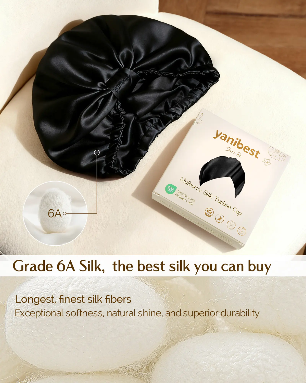 Black mulberry silk turban bonnet shown with matching silk scrunchie and premium gift box packaging