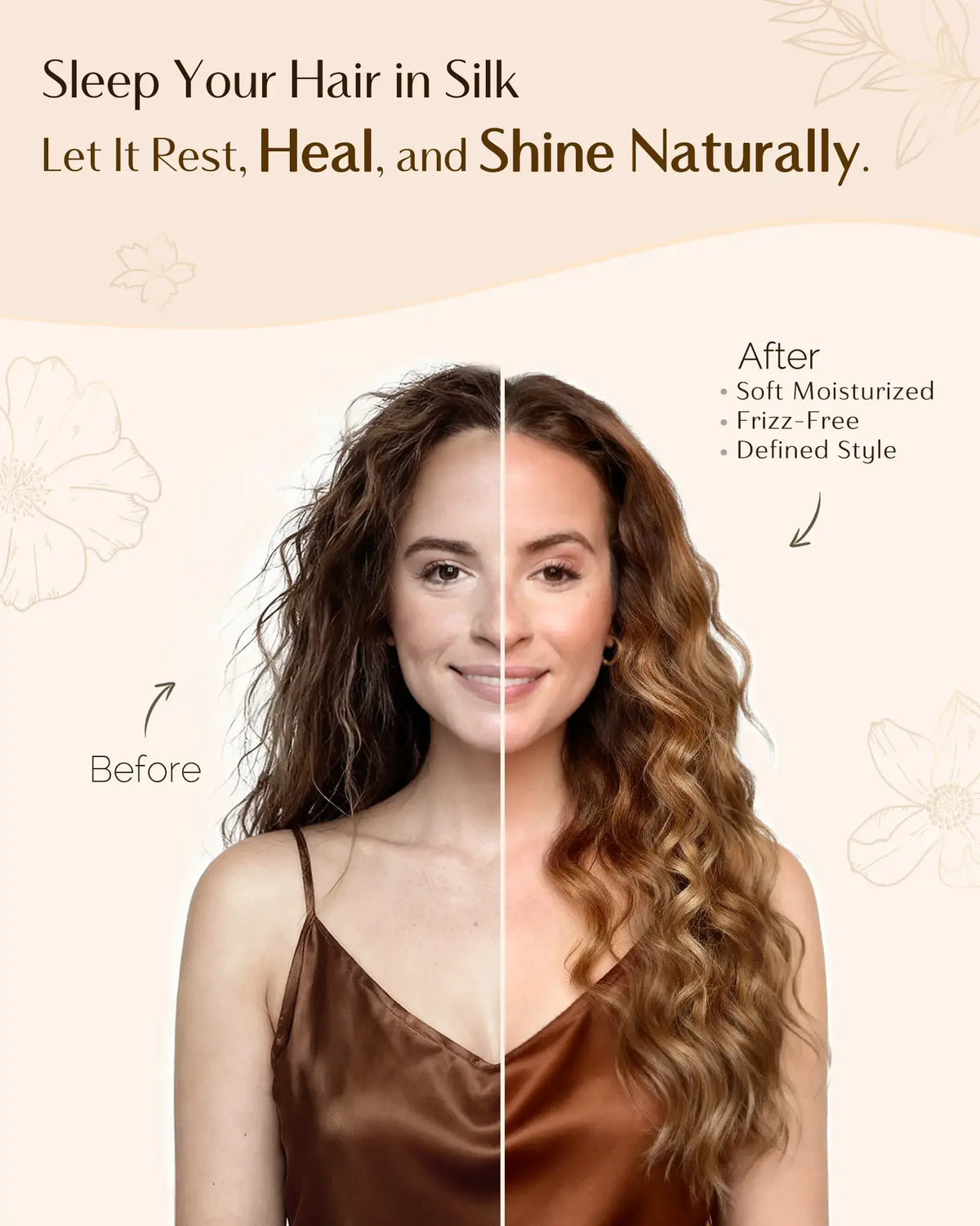 Woman demonstrating hair style protection and frizz reduction with the champagne mulberry silk turban bonnet