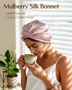 Woman demonstrating curly hair style protection with the pink mulberry silk turban bonnet