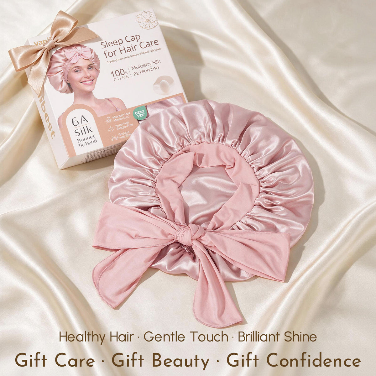 Detailed flat lay view of the pink double-layer mulberry silk sleep bonnet with tie band