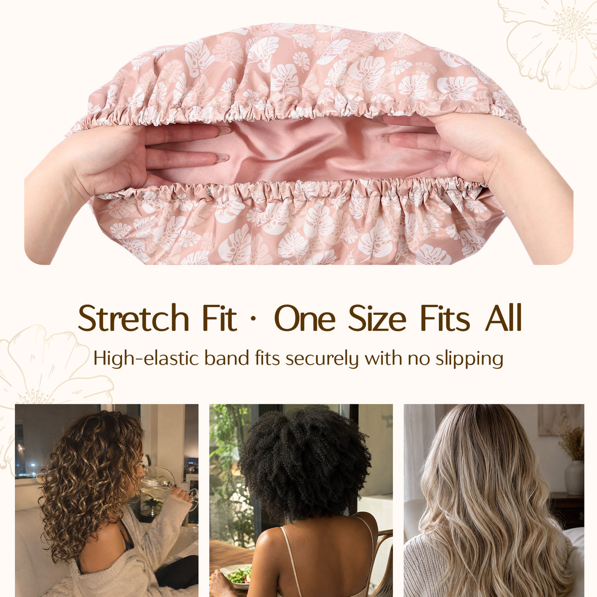 YANIBEST reusable shower cap with flexible stretch band, designed to fit all hair lengths, thick hair, curls, and braids comfortably.