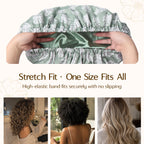 Four women with various hair types and lengths wearing the fresh green satin lined shower cap