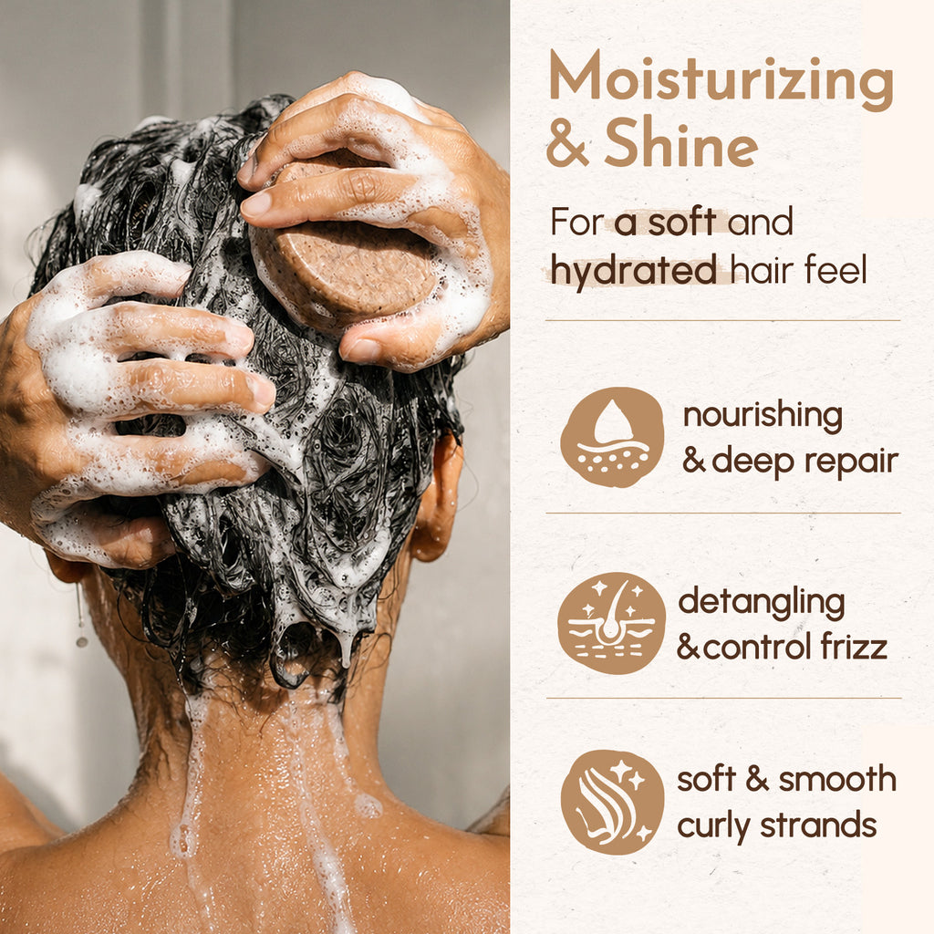 Woman washing curly hair with YANIBEST Shea Butter Solid Shampoo Bar showing moisturizing, nourishing, detangling, and frizz control benefits