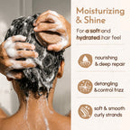 Woman washing curly hair with YANIBEST Shea Butter Solid Shampoo Bar showing moisturizing, nourishing, detangling, and frizz control benefits