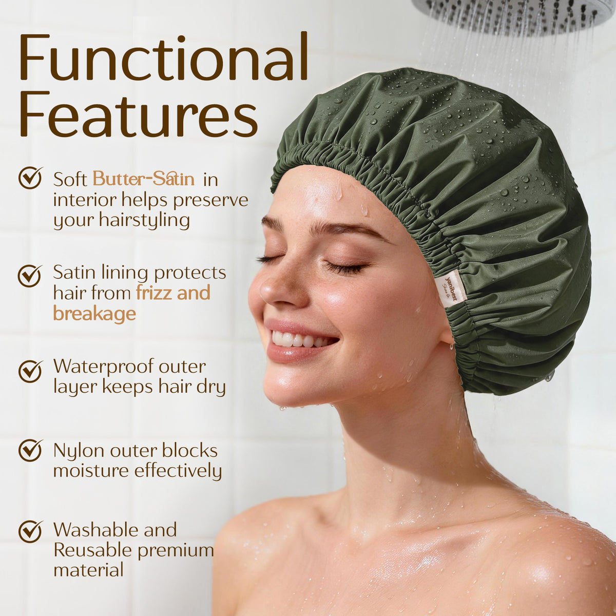 Close-up highlighting functional features of the dark green satin lined waterproof shower cap