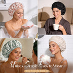 Woman enjoying a relaxed shower with YANIBEST waterproof satin-lined cap protecting her styled hair from moisture and steam.