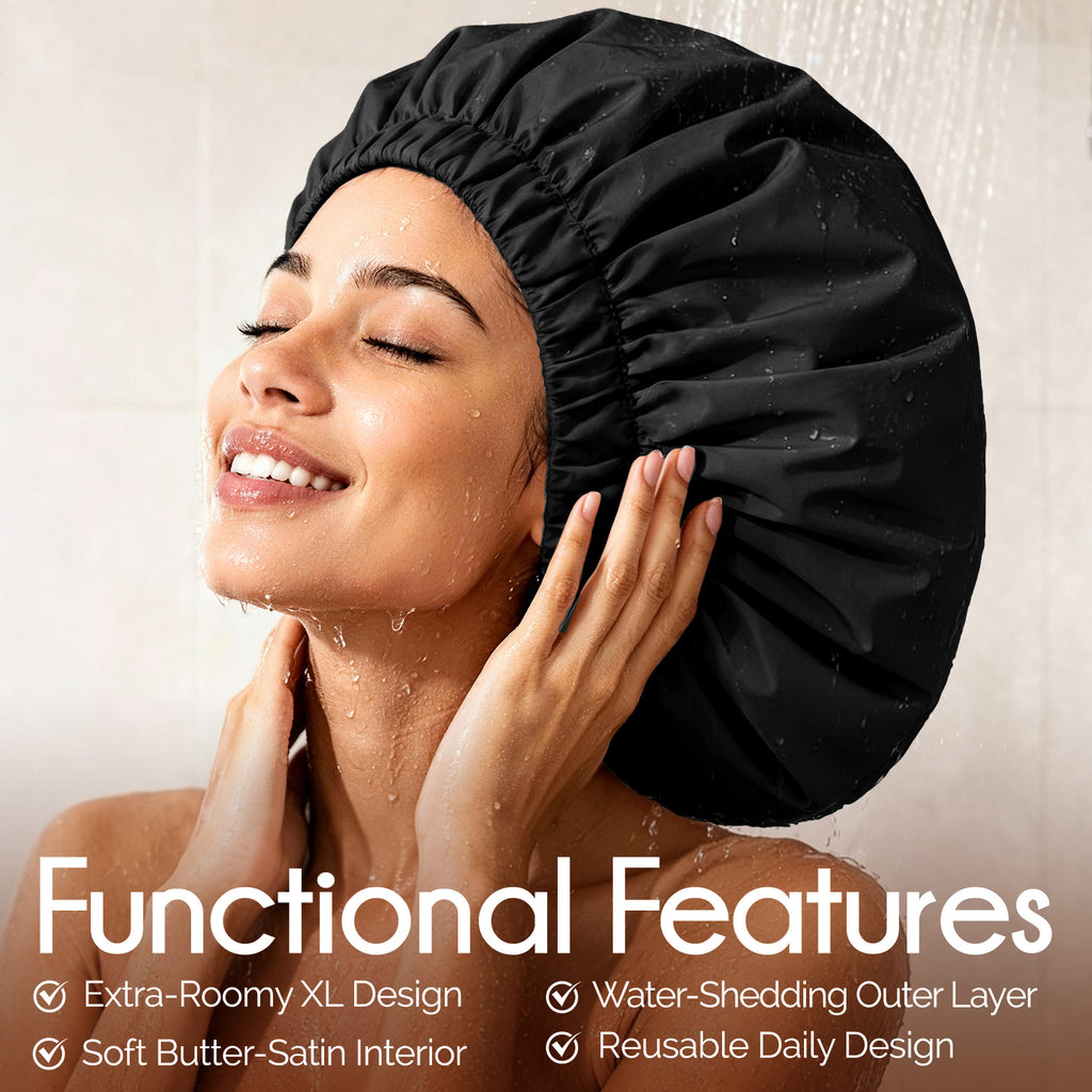 Woman wearing extra large black waterproof shower cap over thick curly hair and long braids